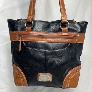 STONE & Co Black and Dark Tan Faux Leather Hobo with Magnetic Snap Closure